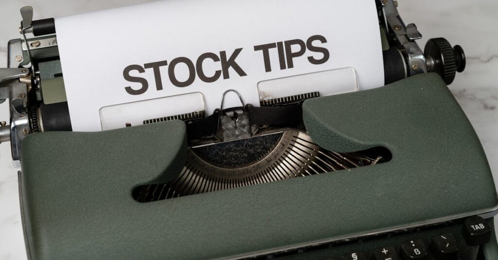 Old-fashioned typewriter displaying stock market tips, symbolizing retro finance advice.