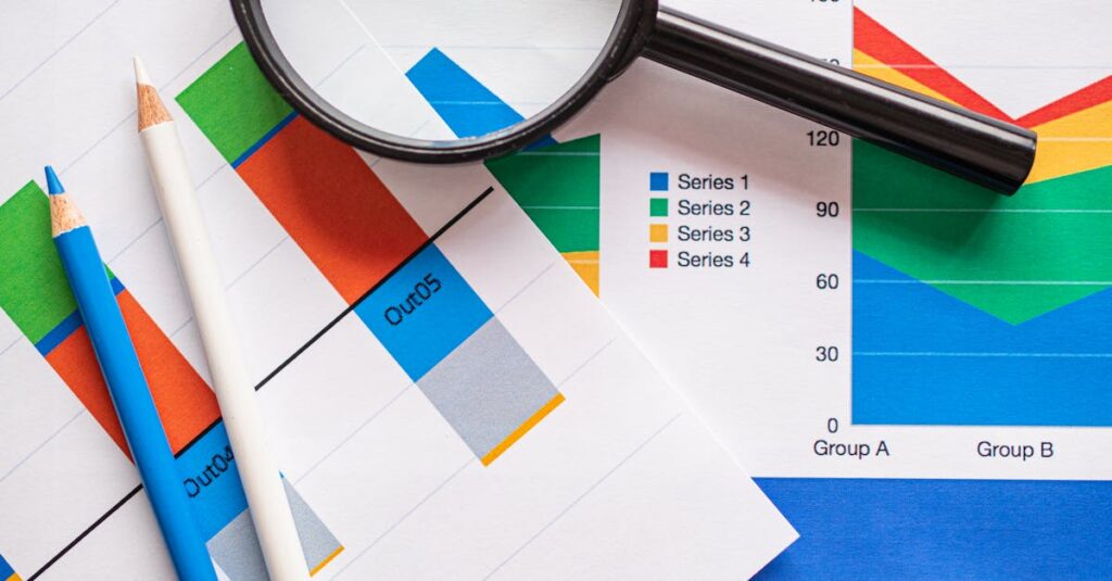 Image of financial charts and magnifying glass, ideal for business insights.